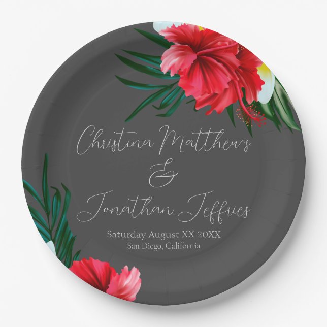Tropical Hawaiian Flowers on Elegant Grey Paper Plate (Front)