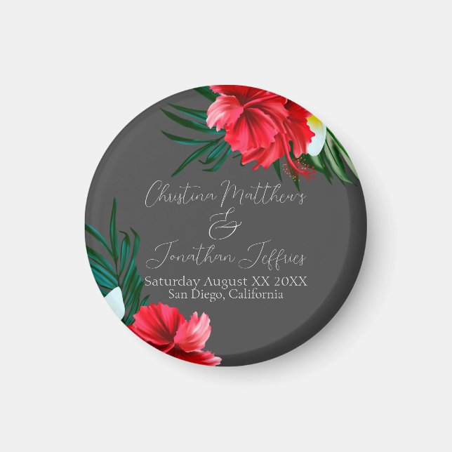 Tropical Hawaiian Flowers on Elegant Grey Wedding Magnet (Front)