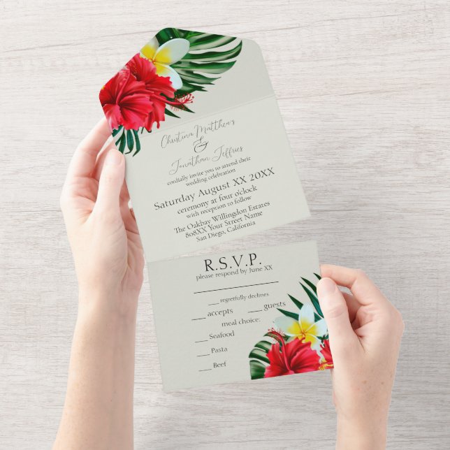 Tropical Hawaiian Flowers on Elegant Sage All In One Invitation (Tearaway)