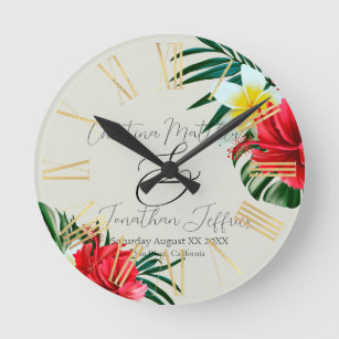 Tropical Hawaiian Flowers on Elegant Sage Round Clock