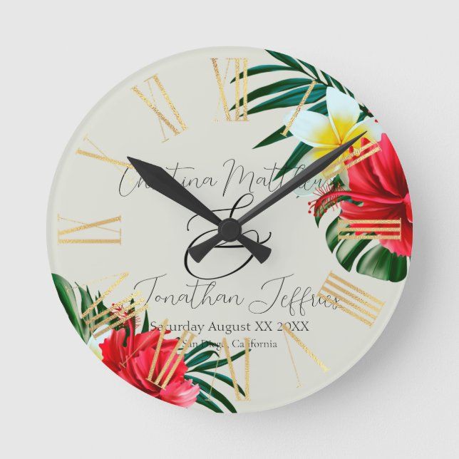 Tropical Hawaiian Flowers on Elegant Sage Round Clock (Front)