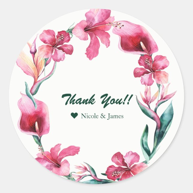 Tropical Hawaiian Flowers Wedding Luau Favour Classic Round Sticker (Front)