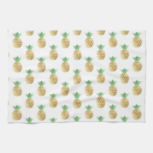 Tropical Hawaiian Gold Foil Pineapple Pattern Tea Towel