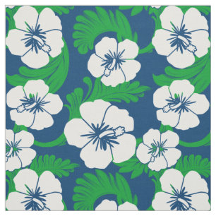 Tropical Hawaiian Hibiscus Floral Blue Retro Print Fabric