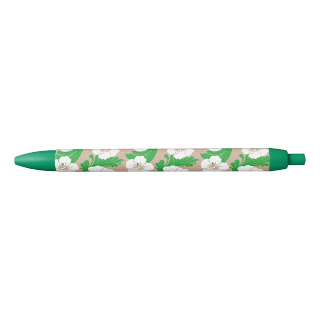 Tropical Hawaiian Hibiscus Floral Khaki Beige Black Ink Pen (Front)