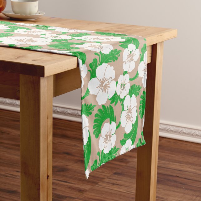 Tropical Hawaiian Hibiscus Floral Khaki Beige Short Table Runner (In Situ)