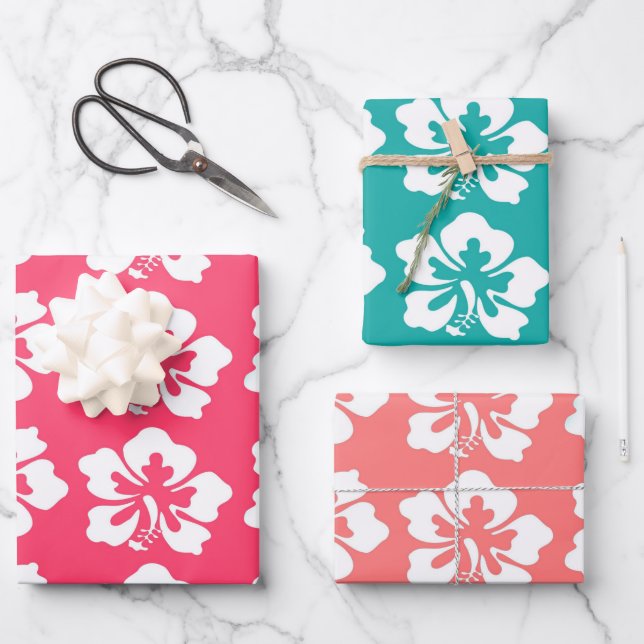 Tropical Hawaiian Hibiscus Flowers Wrapping Paper Sheet (Front)