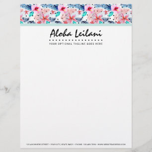 Tropical Hawaiian Hibiscus & Palm Leaf Watercolor Letterhead