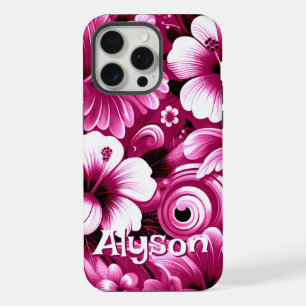 Tropical Hawaiian Hibiscus Pink White Personalised iPhone 15 Pro Max Case