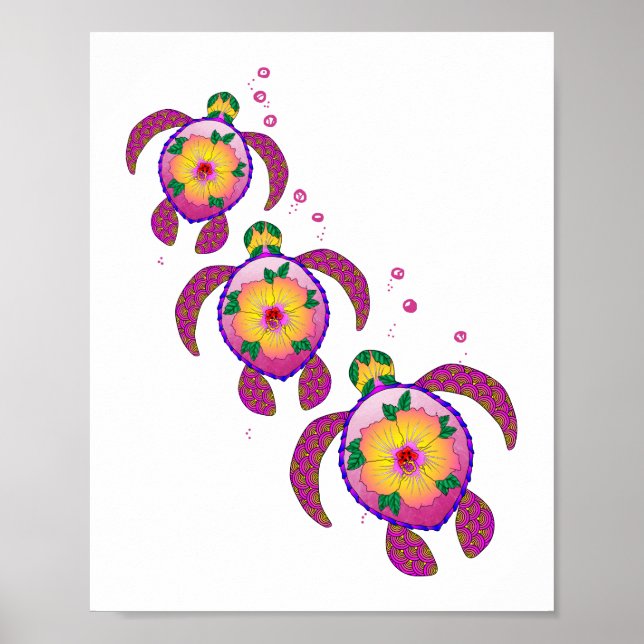 Tropical Hawaiian Honu Turtles Poster (Front)