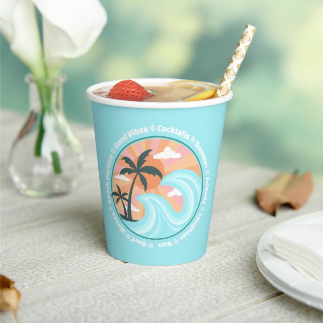 Tropical Hawaiian Island Palm Trees Good Vibes Paper Cups (Insitu)