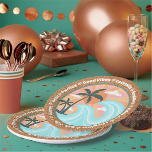 Tropical Hawaiian Island Palm Trees On Faux Cork Paper Plate