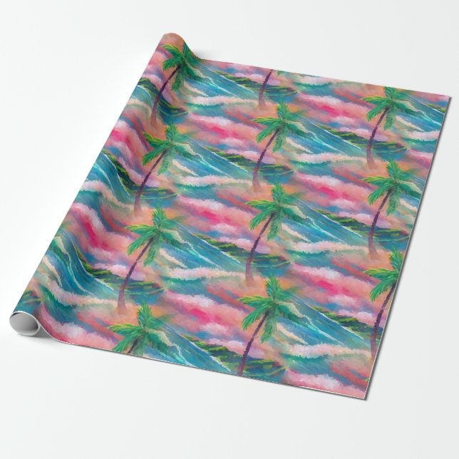 Tropical Hawaiian Island with Palm Tree Wrapping Paper (Unrolled)
