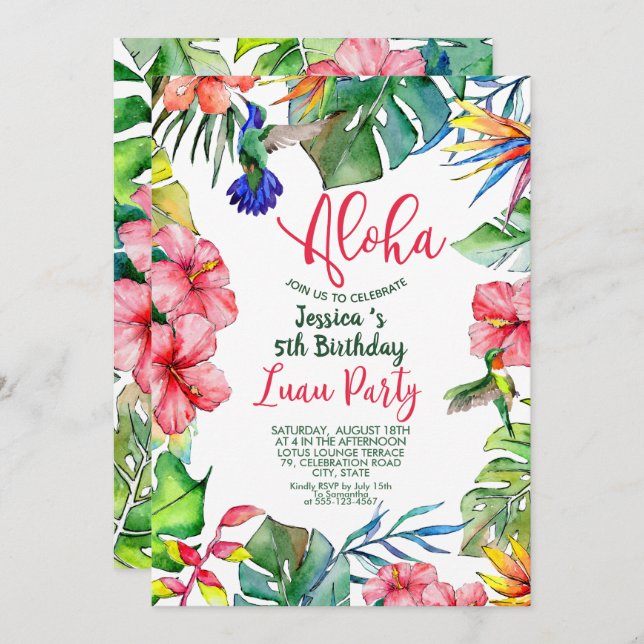 Tropical Hawaiian Luau Floral Birthday Invitation (Front/Back)