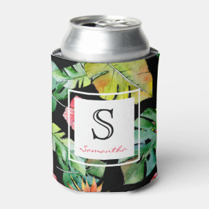 Tropical  Hawaiian Luau Floral Monogram Can Cooler