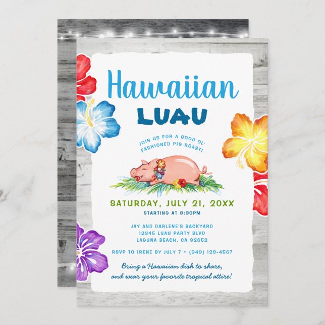 Tropical Hawaiian Luau | Rustic Floral Pig Roast Invitation (Front/Back)