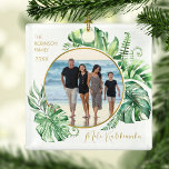 Tropical Hawaiian Mele Kalikimaka Christmas Tree Ceramic Ornament<br><div class="desc">Decorate your christmas tree this year,  with these tropical photo christmas tree ornaments. Featuring a modern tropical greenery leaf frame,  a gold circle,  a family photo,  personalised with your family name and the year. The perfect keepsake or gift for those you love!</div>