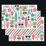 Tropical Hawaiian Mele Kalikimaka Christmas Wrapping Paper Sheet<br><div class="desc">Tropical Christmas wrapping paper features three sheets total - two with the same pattern of surfboards, palm trees with string lights, decorated pineapples, hibiscus flowers, sunglasses, ornaments and the Hawaiian greetings "Mele Kalikimaka" and "Aloha". The third sheet is a diagonal stripe pattern in turquoise, coral and pink. Perfect for beach,...</div>