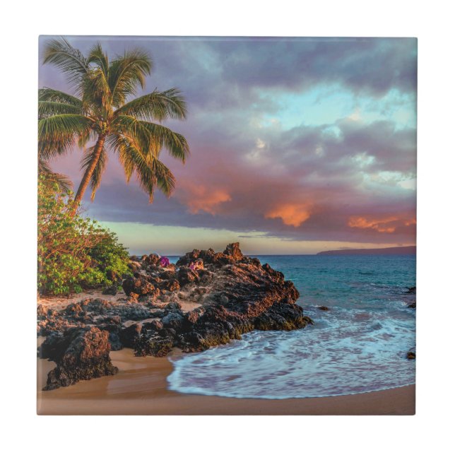 Tropical Hawaiian Palm Tree Sandy Beach Paradise Ceramic Tile (Front)