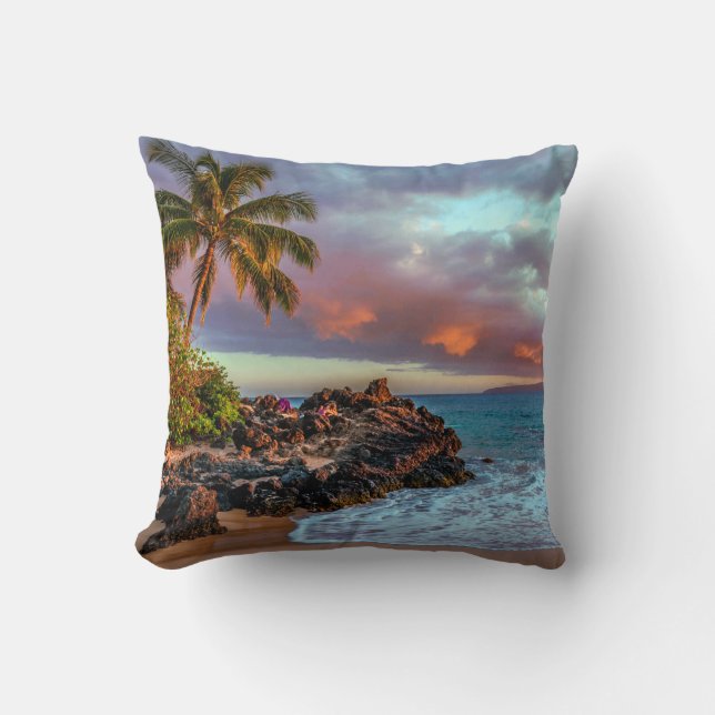 Tropical Hawaiian Palm Tree Sandy Beach Paradise Cushion (Front)