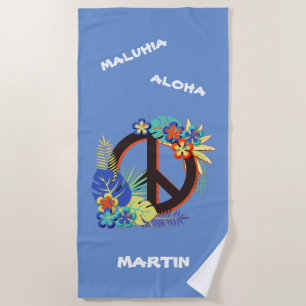 Tropical Hawaiian Peace Love Name Colourful Blue Beach Towel