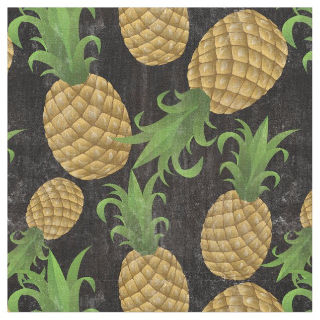 Tropical Hawaiian Pineapple Fruit Vintage Black Fabric (Close Up)