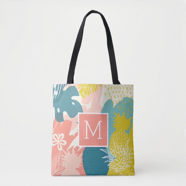 Tropical Hawaiian Pineapple Monogram Tote Bag (Front)