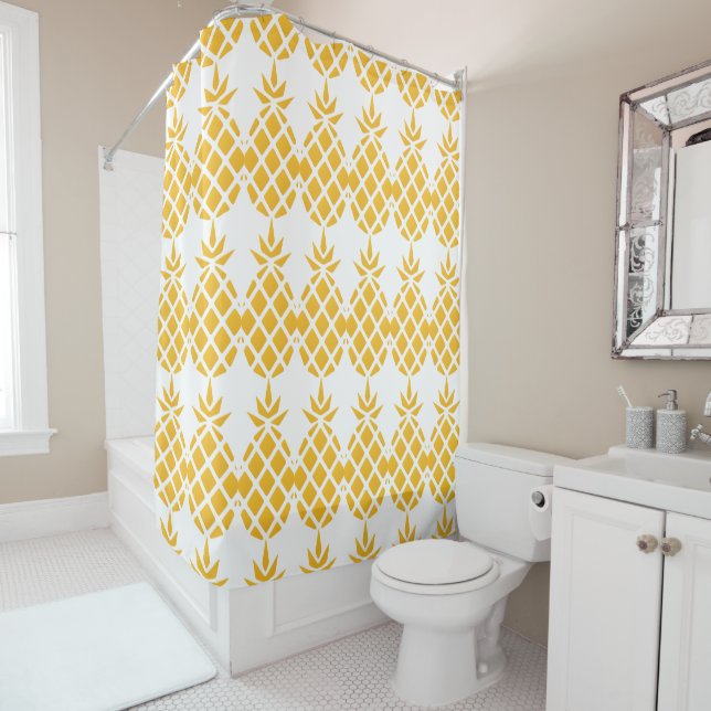Tropical Hawaiian Pineapple Patterned Shower Curtain (In Situ)