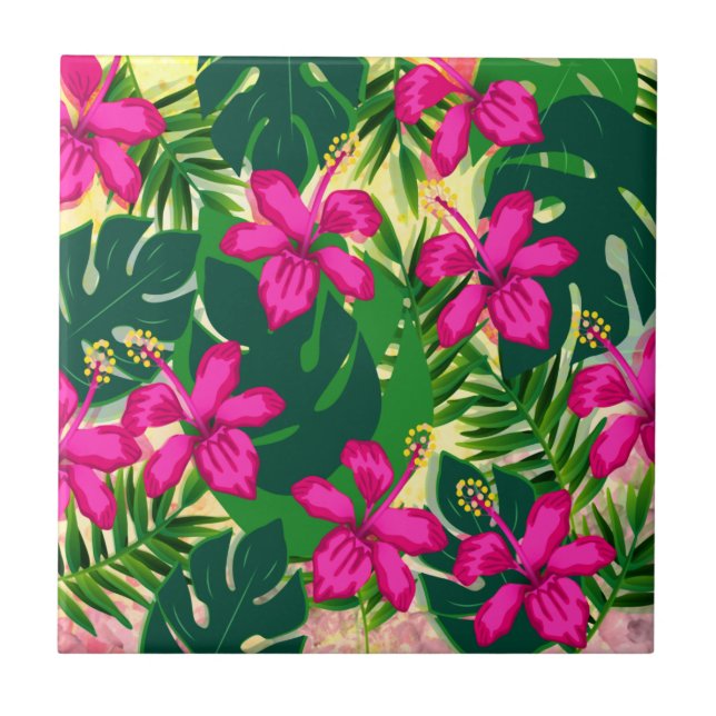 Tropical Hawaiian Style Floral Pattern Ceramic Tile (Front)