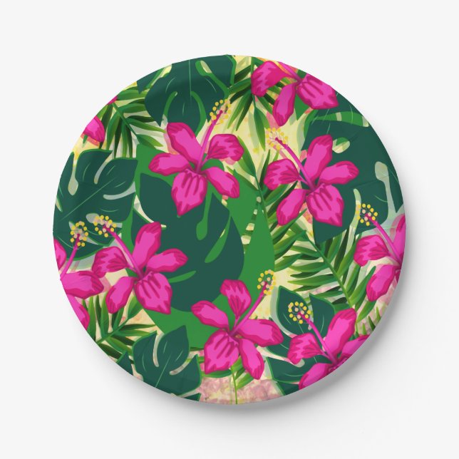 Tropical Hawaiian Style Floral Pattern Paper Plate (Front)