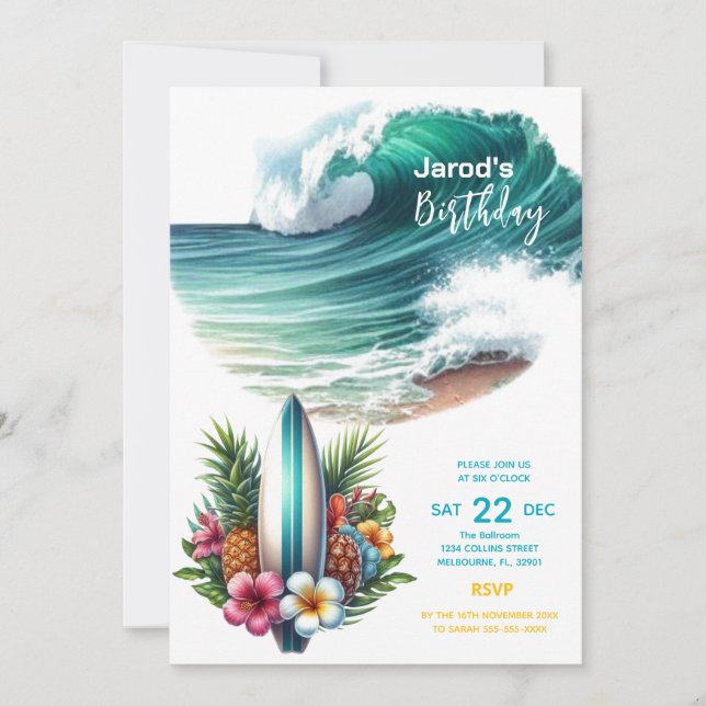 Tropical Hawaiian Surfing Birthd Party Invitation  (Front)