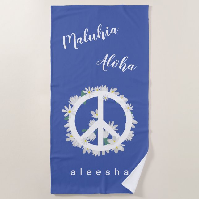 Tropical Hawaiian Text Floral Peace Love Name Beach Towel (Front)