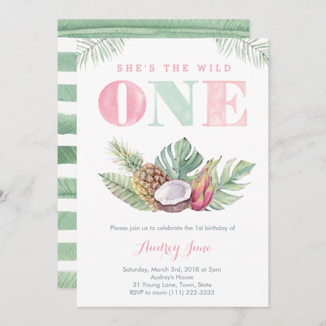 Tropical Hawaiian Wild Beach Girl First Birthday Invitation (Front/Back)