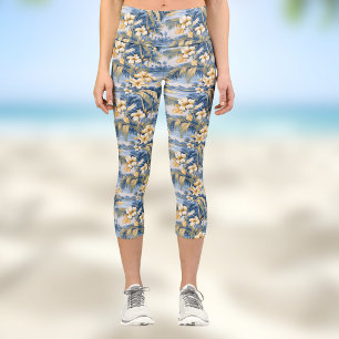 Tropical Hawaiin Yellow Hibiscus Flowers on Blue Capri Leggings