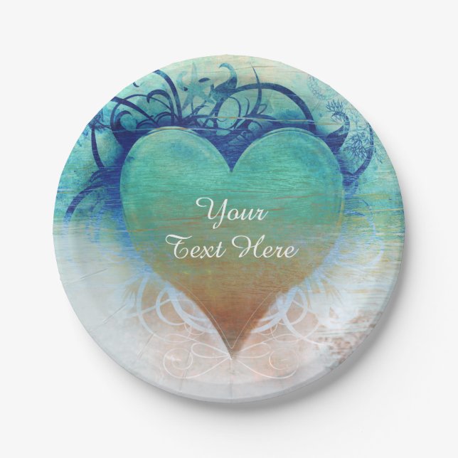 Tropical Heart Blue Grunge Beach Party Paper Plate (Front)