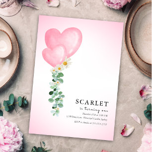 Tropical hearts balloons simple first birthday   invitation