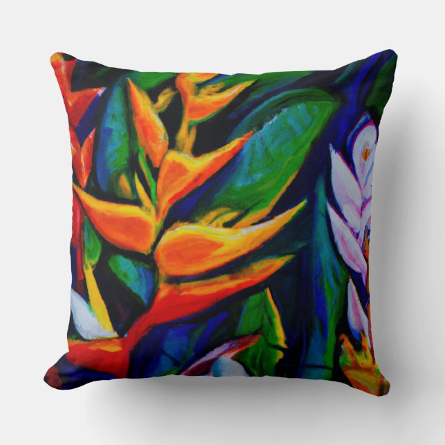 Tropical heliconia floral throw pillow (Front)