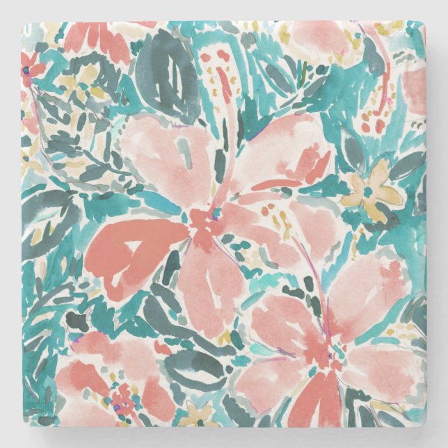 Tropical Hello Hibiscus Watercolor Floral Pattern Stone Coaster (Front)