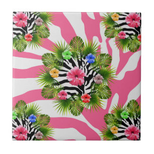 Tropical hibiscus and exotic pink zebra stripes ceramic tile