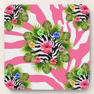 Tropical hibiscus and exotic pink zebra stripes coaster