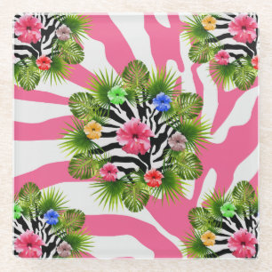 Tropical hibiscus and exotic pink zebra stripes glass coaster