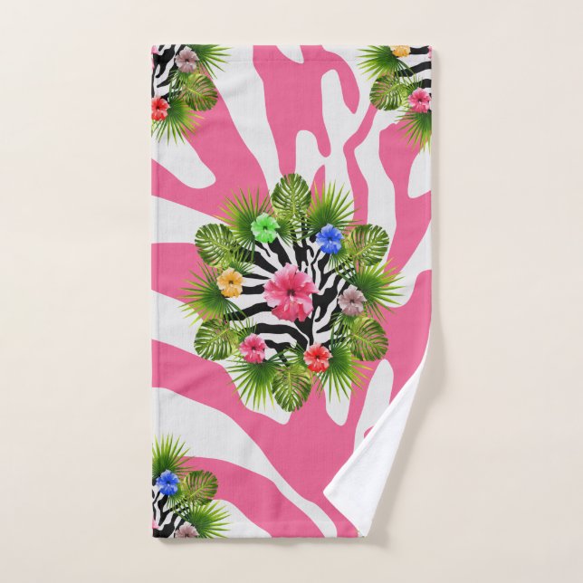 Tropical hibiscus and exotic pink zebra stripes hand towel (Hand Towel)