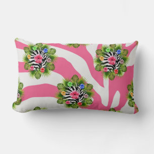 Tropical hibiscus and exotic pink zebra stripes lumbar cushion