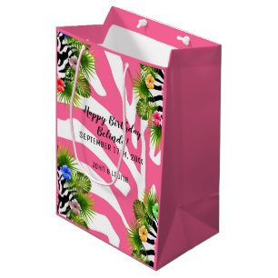 Tropical hibiscus and exotic pink zebra stripes medium gift bag