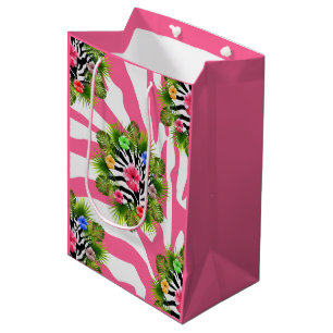 Tropical hibiscus and exotic pink zebra stripes medium gift bag