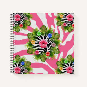 Tropical hibiscus and exotic pink zebra stripes notebook