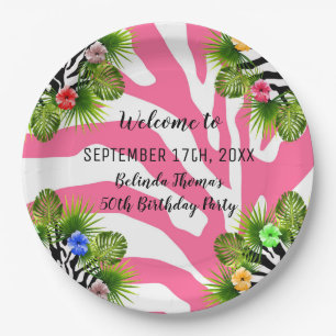 Tropical hibiscus and exotic pink zebra stripes paper plate