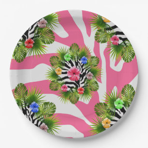 Tropical hibiscus and exotic pink zebra stripes paper plate