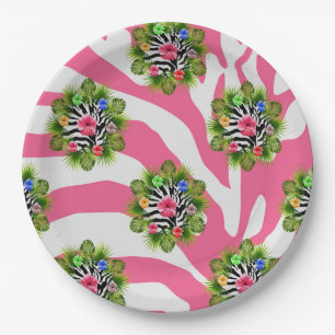Tropical hibiscus and exotic pink zebra stripes paper plate
