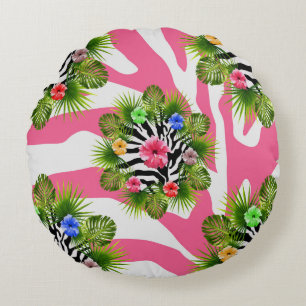 Tropical hibiscus and exotic pink zebra stripes round cushion